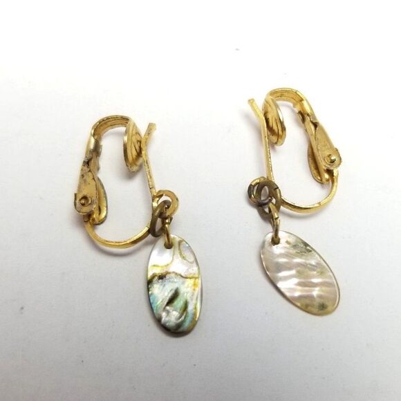 Vintage Littler Mother Of Pearl Disc Dangle Clip On Earrings, Retro Estate - Picture 1 of 5